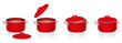 Saucepot with lid, put away, take of, slightly open, and covered. Red enamel cooking pots with different uses of the lid to save energy and to cook faster. Isolated vector on white background.
