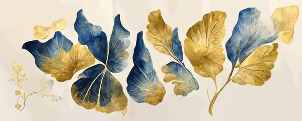 Wall Mural - background with blue and gold ginkgo leaves