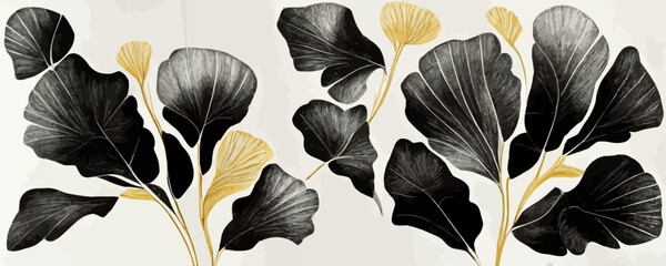 Wall Mural - luxury black and white background with tropical gold