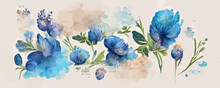 Watercolor Art Background With Blue Flowers