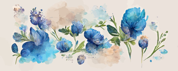 Wall Mural - watercolor art background with blue flowers
