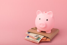 Piggy Bank On A Pink Background. Piggy Bank With A Wallet And Euro Banknotes.The Concept Of Investment And Saving Money.Investments.Place For Milking Text. Place To Copy. Mockup