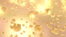 3D Animation Cosmetic Bubble Moisturizing Design On A Gold Background. Cosmetic Essentials Serum Design. Beautiful Macro Shot Of Various Gold Bubbles In The Water.