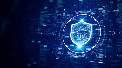 Leinwandbilder - cybersecurity data protection digital technology concept internet network connection. Icons and polygons are connected inside the prominent shield on the right. binary code on dark blue background.