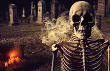 Scary Skeleton Emerging In Dark Cemetery At Night Halloween Background
