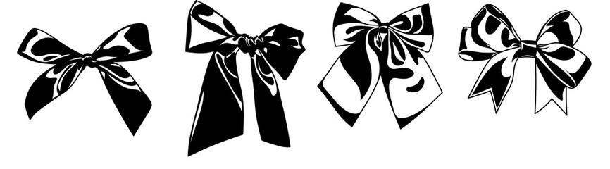 Bows for decorating covers, posters and websites. Set of black and white bows clipart. Monochrome hand drawn ribbon bows.