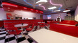 © IG Digital Arts - View from a booth in 1950s retro American diner with black and white checked floor and red furrniture. 3D rendering.