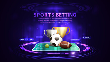 Wall Mural - Sports betting, banner for website with football balls in smartphone on blue and pink digital podium with hologram of digital rings