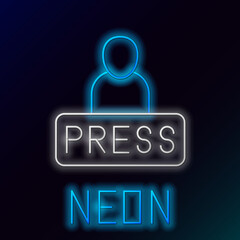 Canvas Print - Glowing neon line Journalist news reporter icon isolated on black background. Colorful outline concept. Vector