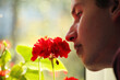 Young man smelling red flower on a window background. Pavel Kubarkov, red flower and my face. Photo was taken 10 September 2022 year, MSK time in Russia.