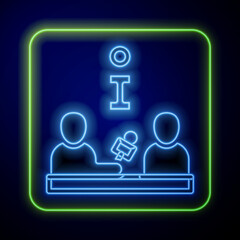 Sticker - Glowing neon Interview with a famous person icon isolated on blue background. Television or internet broadcast where a journalist talks to a celebrity. Vector