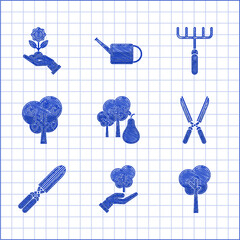 Sticker - Set Tree with pears, in hand of environmental protection, Gardening handmade scissors for trimming, apple, rake and Hand holding flower icon. Vector