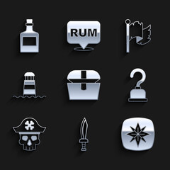 Sticker - Set Antique treasure chest, Pirate sword, Wind rose, hook, captain, Lighthouse, flag and Alcohol drink Rum icon. Vector