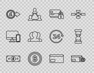 Sticker - Set line Stacks paper money cash, Envelope with coin dollar symbol, Credit card lock, Cryptocurrency Bitcoin, Coin pound sterling, Users group, and Old hourglass flowing sand icon. Vector