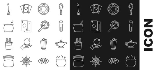 Poster - Set line Witch cauldron, Magic lamp or Aladdin, Bottle with love potion, Star of David, Playing cards, Witches broom and wand icon. Vector