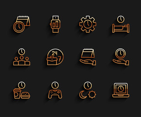 Sticker - Set line Fast food time, Gamepad of, Calendar and clock, Day night with, Laptop, Always busy, Clock and icon. Vector