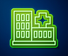 Sticker - Glowing neon line Medical hospital building with cross icon isolated on blue background. Medical center. Health care. Vector