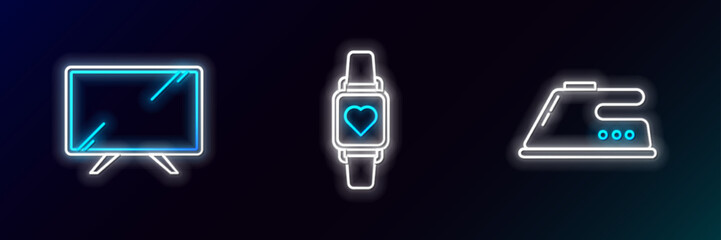 Poster - Set line Electric iron, Smart Tv and watch showing heart beat rate icon. Glowing neon. Vector