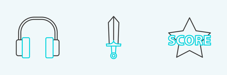 Poster - Set line Star, Headphones and Sword for game icon. Vector