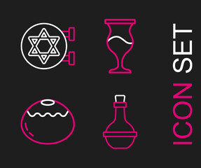 Canvas Print - Set line Jewish wine bottle, sweet bakery, goblet and synagogue icon. Vector