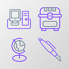 Sticker - Set line Fountain pen nib, Earth globe, Antique treasure chest and Monitor with keyboard icon. Vector