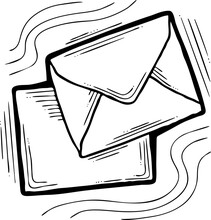 Post Mail Envelop To Send Letter, Wedding Invitation, Birthday Congratulation Postcard. Delivering Information Old Way Offline. Hand Drawn Illustration, Cartoon Vintage Line Style Vector Drawing.
