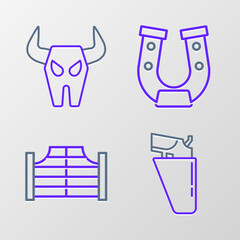 Poster - Set line Revolver gun in holster, Saloon door, Horseshoe and Buffalo skull icon. Vector