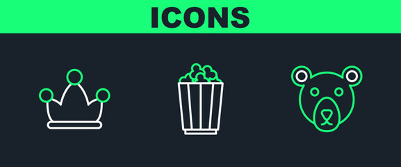 Sticker - Set line Bear head, Jester hat with bells and Popcorn in box icon. Vector