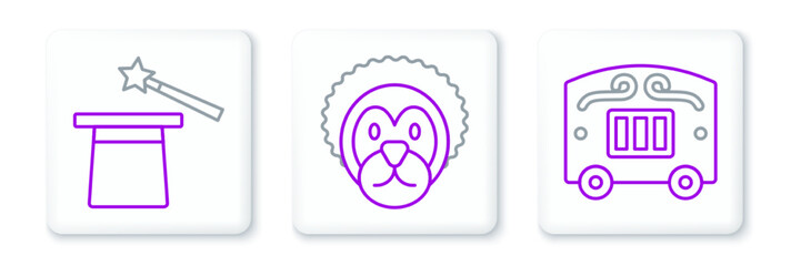 Sticker - Set line Circus wagon, Magic hat and wand and Wild lion icon. Vector