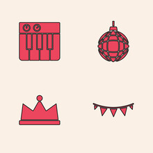 Set Carnival Garland With Flags, Music Synthesizer, Disco Ball And Crown Icon. Vector