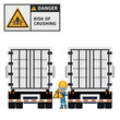 Danger of risk of crushing between two trucks at loading docks. Fall hazard. Security sign and pictogram. Work accident prevention. Security First. Industrial safety and occupational health at work