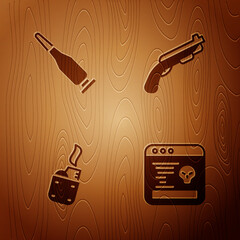 Poster - Set System bug, Bullet, Lighter and Police shotgun on wooden background. Vector