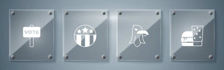 Sticker - Set Burger, Eagle, Medal with star and Vote. Square glass panels. Vector