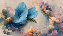 Raster Illustration Of Beautiful Blue Flower Arrangement With Bracelet, Leaves, Bouquet. Fragrant Colors In Sea Colors. Botanical Garden, Fine Art, Painting. Wreath Of Flowers. 3D Artwork Background