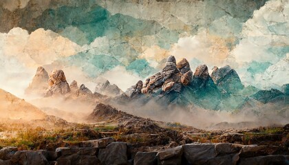 Poster - Minimalistic mountain landscape with watercolor brush in Japanese traditional style. Wallpaper with abstract art for prints or covers. 3d artwork