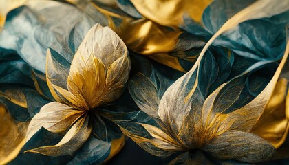 Elegant golden and blue flowers and branches on light background. Vintage floral decor for postcard. Fantastic plant 3d illustration