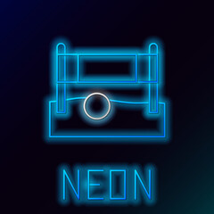 Poster - Glowing neon line Volleyball net with ball icon isolated on black background. Colorful outline concept. Vector