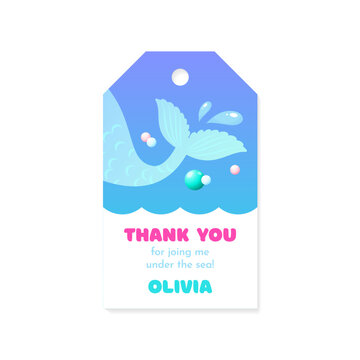 Birthday Thank you tag. Cute party favor card background decorated with of mermaid tail. Vector 10 EPS.