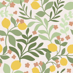  Vector tropical seamless pattern with fruit elements. Hand drawn lemons background.