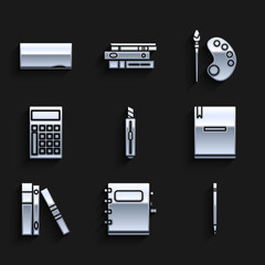 Sticker - Set Stationery knife, Notebook, Pencil with eraser, Office folders papers and documents, Calculator, Paint brush palette and Chalkboard icon. Vector