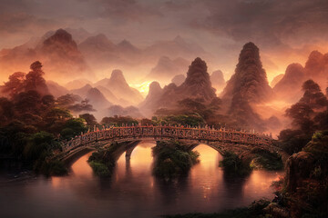 Fantasy landscape, Chinese bridge between the islands, an ancient settlement, a bridge above the river, a beautiful landscape, sunset. 3D Illustration