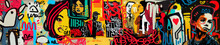 Fresco Of Portrait On Wall Graffiti Street Art. Grunge Graffiti Colorful And Cryptic Text