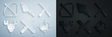 Set Crossed Hunter Knife, Two Crossed Shotguns, Moose Head With Horns, Hunt On Rabbit Crosshairs, Hipster Arrow Tip And Bow And In Quiver Icon. Vector