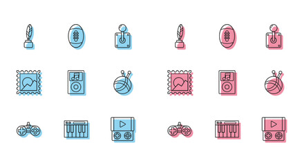 Sticker - Set line Gamepad, Music synthesizer, Feather and inkwell, Portable video game console, player, Yarn ball with knitting needles, Picture landscape and American Football icon. Vector