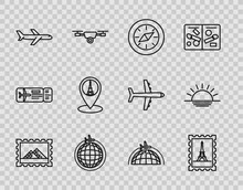 Set Line Postal Stamp And Egypt Pyramids, Eiffel Tower, Compass, Globe With Flying Plane, Plane, Map Pointer, And Sunset Icon. Vector