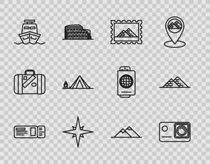 Wall Mural - Set line Travel ticket, Action extreme camera, Postal stamp and Egypt pyramids, Wind rose, Ship, Tourist tent with wood fire, Mountains and icon. Vector