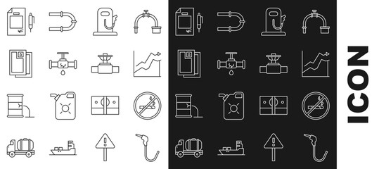 Set line Gasoline pump nozzle, No Smoking, Oil price increase, Petrol or gas station, Broken pipe with leaking water, Barrel oil, Contract money and pen and Industry valve icon. Vector