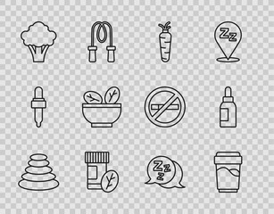 Sticker - Set line Stack hot stones, Glass with water, Carrot, Vitamin pill, Broccoli, Salad bowl, Sleepy and Essential oil bottle icon. Vector