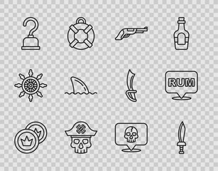 Canvas Print - Set line Pirate coin, sword, Vintage pistol, captain, hook, Shark fin ocean wave, Skull and Alcohol drink Rum icon. Vector