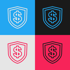 Sticker - Pop art line Shield with dollar symbol icon isolated on color background. Security shield protection. Money security concept. Vector